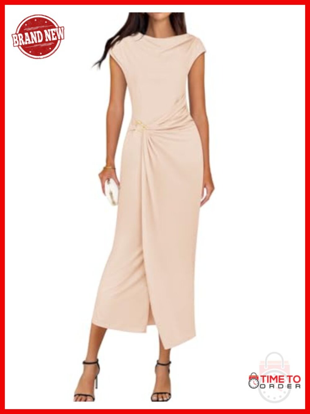 Cap Sleeve Mock Neck Bodycon Midi Dress Slit Semi Formal